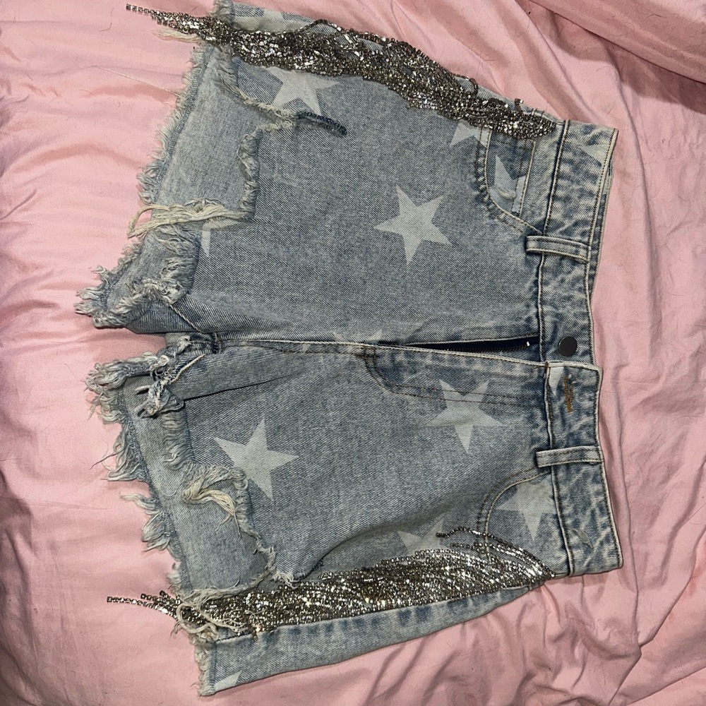 Star-Patterned Denim Shorts with Sequin Fringe